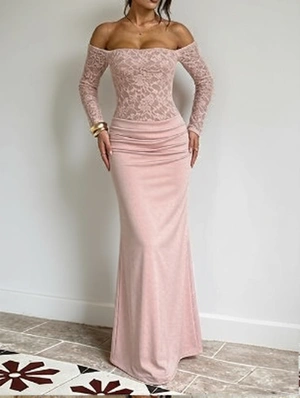 Lace Splicing Ruched Bodycon Maxi Gown