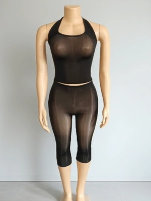 See Through Halter Backless Knee Shorts Sets
