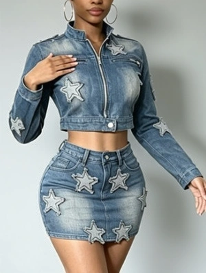 Star Denim Zipper Cropped Jacket Skirt Sets