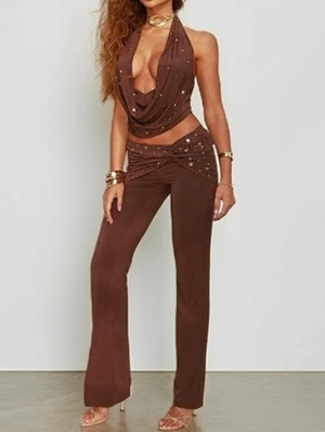 Rivet Halter Backless Lace-Up Flared Pant Sets