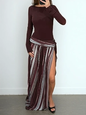 Striped Backless Split Hem Maxi Dress