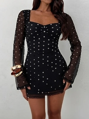 Polka Dots Mesh Long Sleeve Mini Dress