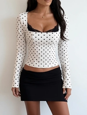 Lace Trim Long Sleeve Polka Dots Tee