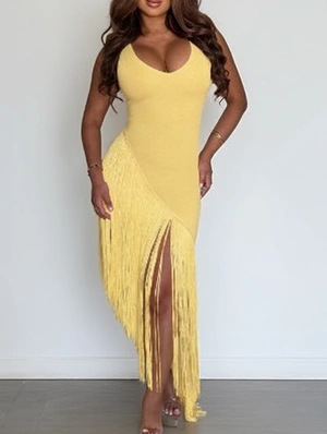 Fringe U Neck Sleeveless Maxi Dress