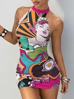 Cartoon Printed Halter Backless Mini Dress