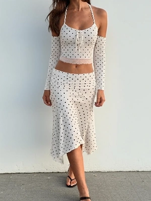 Polka Dots Print Long Sleeve Midi Skirt Sets