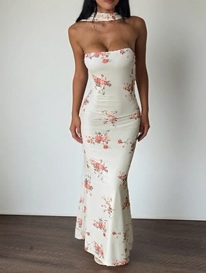 Flower Strapless Bodycon Vacation Maxi Dress