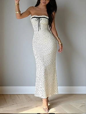 Lace Trim Strapless Polka Dots Maxi Dress