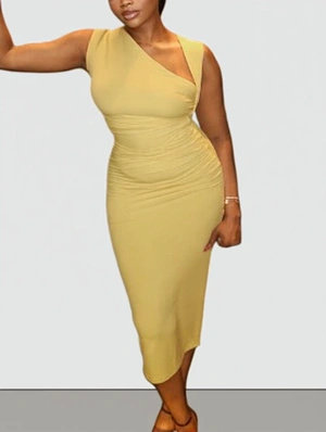 Asymmetric Neckline Bodycon Ruched Dress