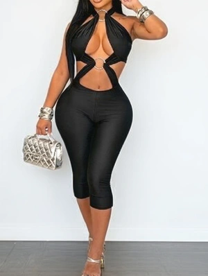 Metal Ring Halter Backless Lace-Up Rompers