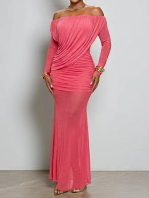 Sheer Ruched Off Shoulder Maxi Dress