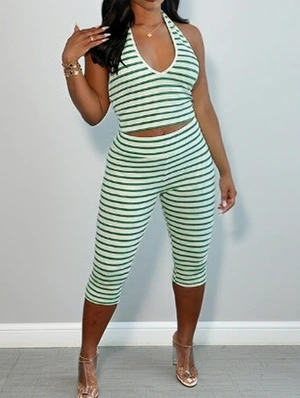 Striped Halter Backless Capri Pants Sets