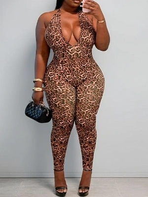 Leopard Halter Backless Lace-Up Jumpsuits