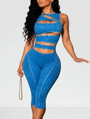 Distressed Ribbed Sleeveless Cutouts Rompers