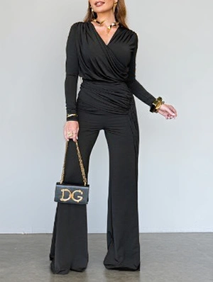 Ruched Deep V Neck Ribbons Flared Jumpsuits