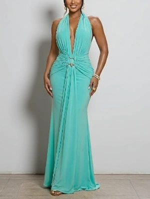 Ruched V Neck Backless Lace-Up Maxi Dress
