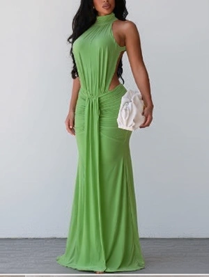 Ruched Backless Mock Neck Fitted Maxi Dress
