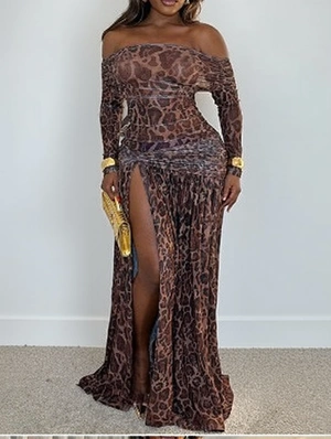 Off Shoulder Leopard Split Hem Maxi Dress
