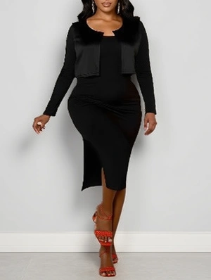 Solid Long Sleeve Midi Dress With Short Coat Set