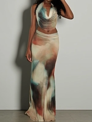 Gradient Halter Backless Lace-Up Skirt Sets
