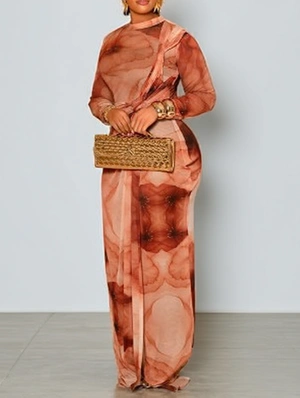 Colorblock Ruched Sheer Gauze Maxi Dress