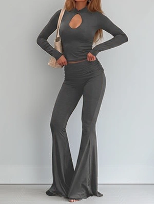 Hollow‑Out Ruched Top Flared Pants Set