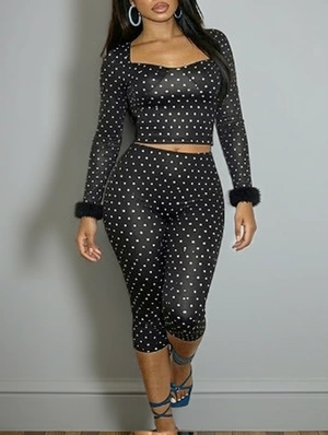 Polka Dots Fur Trim Capri Pants Sets
