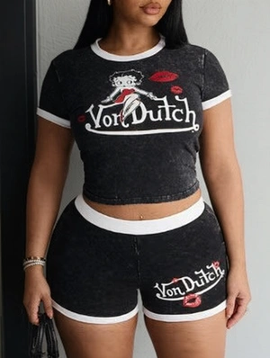 Washed Cartoon Printed Cropped Short Sets