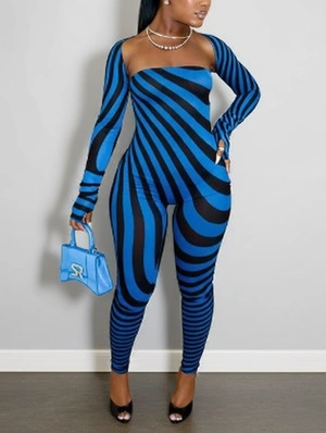 Striped Strapless Jumpsuit Shawl Sets