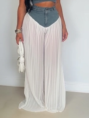 Denim Colorblock Pleated Wide Leg Pants