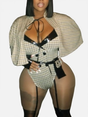Houndstooth Lace-Up Shawl Bodysuits Sets
