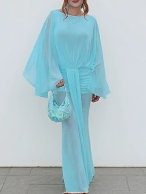 Ruched Sheer Backless Ribbons Maxi Dress