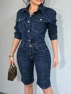 Embroidery Denim Shirt Knee Shorts Sets