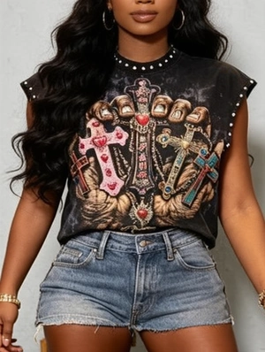 Vintage Cross Printed Loose Rivet Tanks