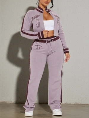 Contrast Striped Trim Zipper Coats Pant Sets