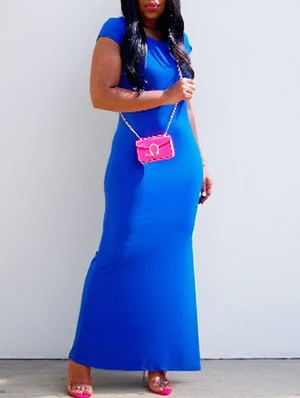 Crewneck Short Sleeve Solid Maxi Dress