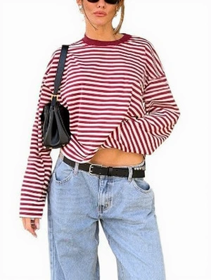 Patchwork Striped Round Neck Design Tops