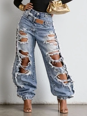Ripped Denim Loose Ankle-tied Jeans