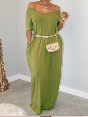 Pure Color V Neck Casual Dress