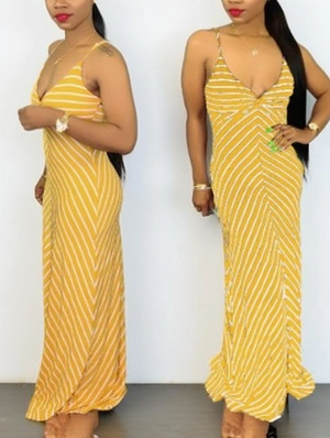 V Neck Striped Spaghetti Straps Dress