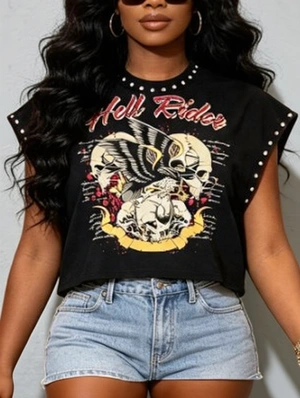 Cartoon Skull Printed Loose Rivet Tanks
