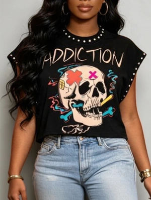 Abstract Skull Printed Baggy Rivet Tanks