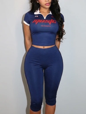 Letter Printed Zipper Lapel Short Sets