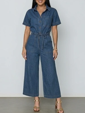 Denim Waist Tie Button Up Shirt Jumpsuits