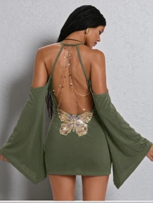 Butterfly Sequin Backless Chain Mini Dress