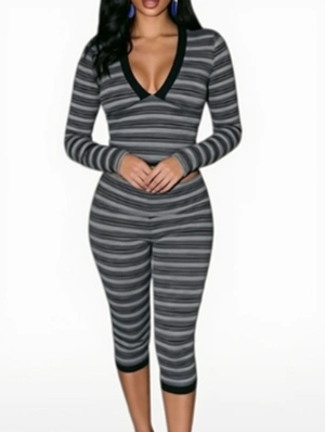 Striped V Neck Bodycon Capri Pants Sets