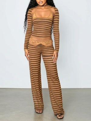 Striped Lace Panel Halter Shawl Pant 3 Piece Sets