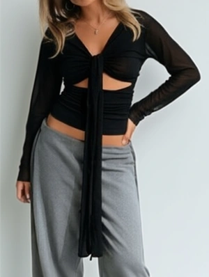 Hollow-out Ribbons Twist Gauze Tops