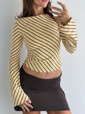 Striped Trumpet Sleeve Boat Neck Tops