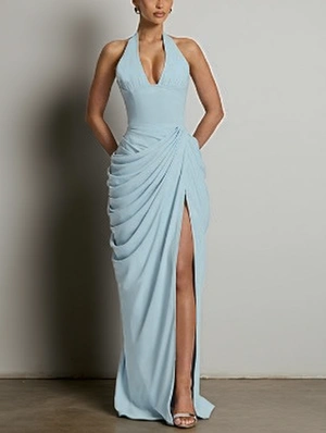 Halter Backless Ruched Split Hem Maxi Dress